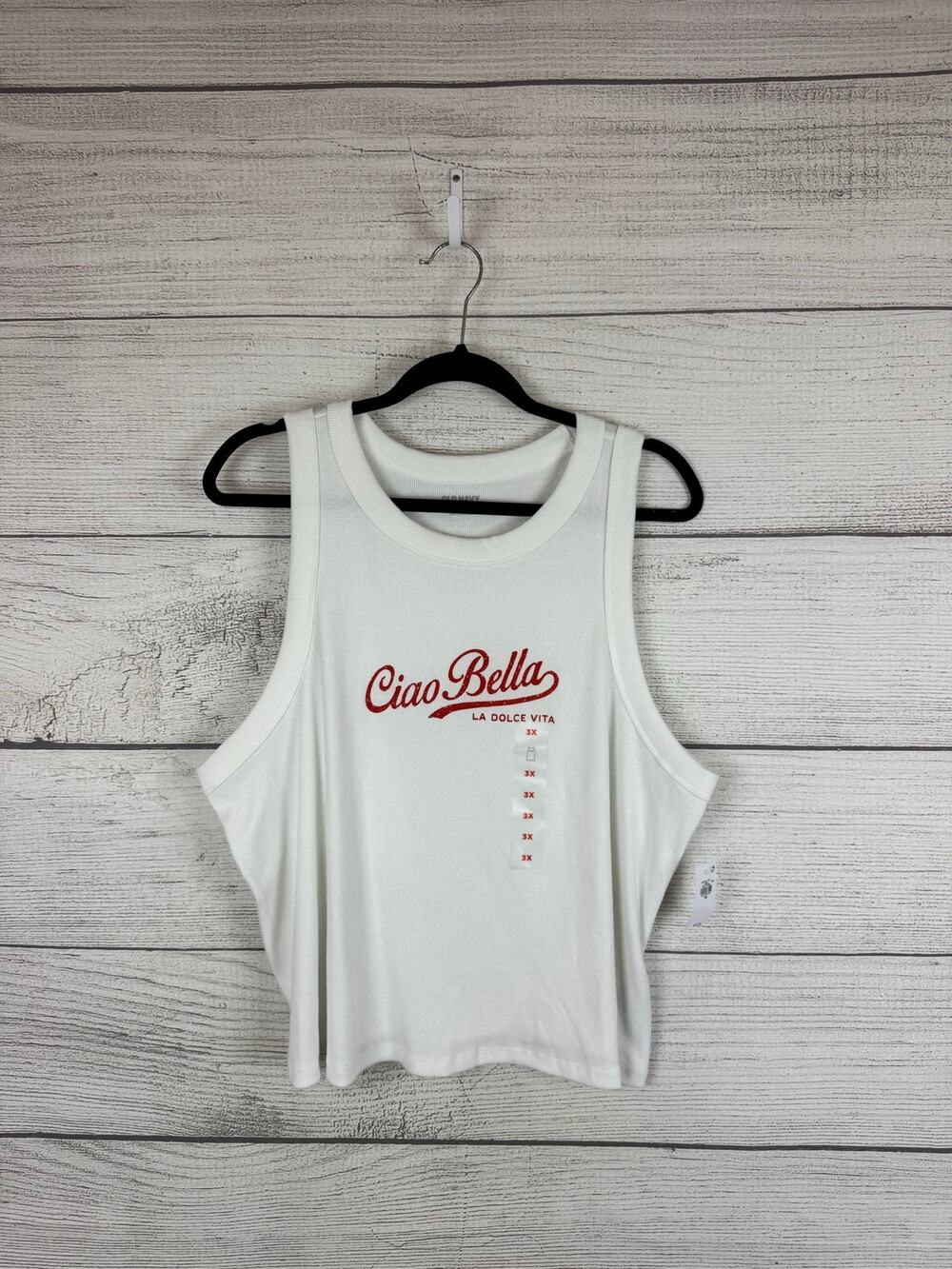 Old Navy Plus Size White Ribbed Snug Fit "Ciao Bella" Graphic Tank Size 3X
